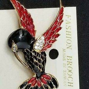 hummingbird brooch pin 2" black red rhinestones